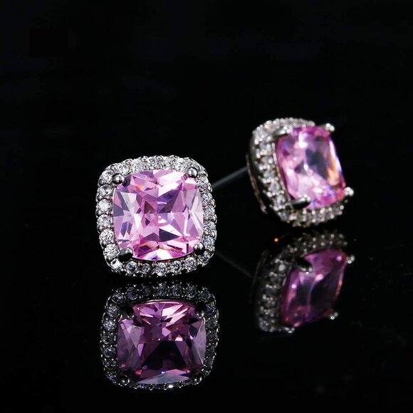 Women's Square Birthstone Cubic Zirconia Mall Dainty Light Pink Elegant Earring - Picture 3 of 6